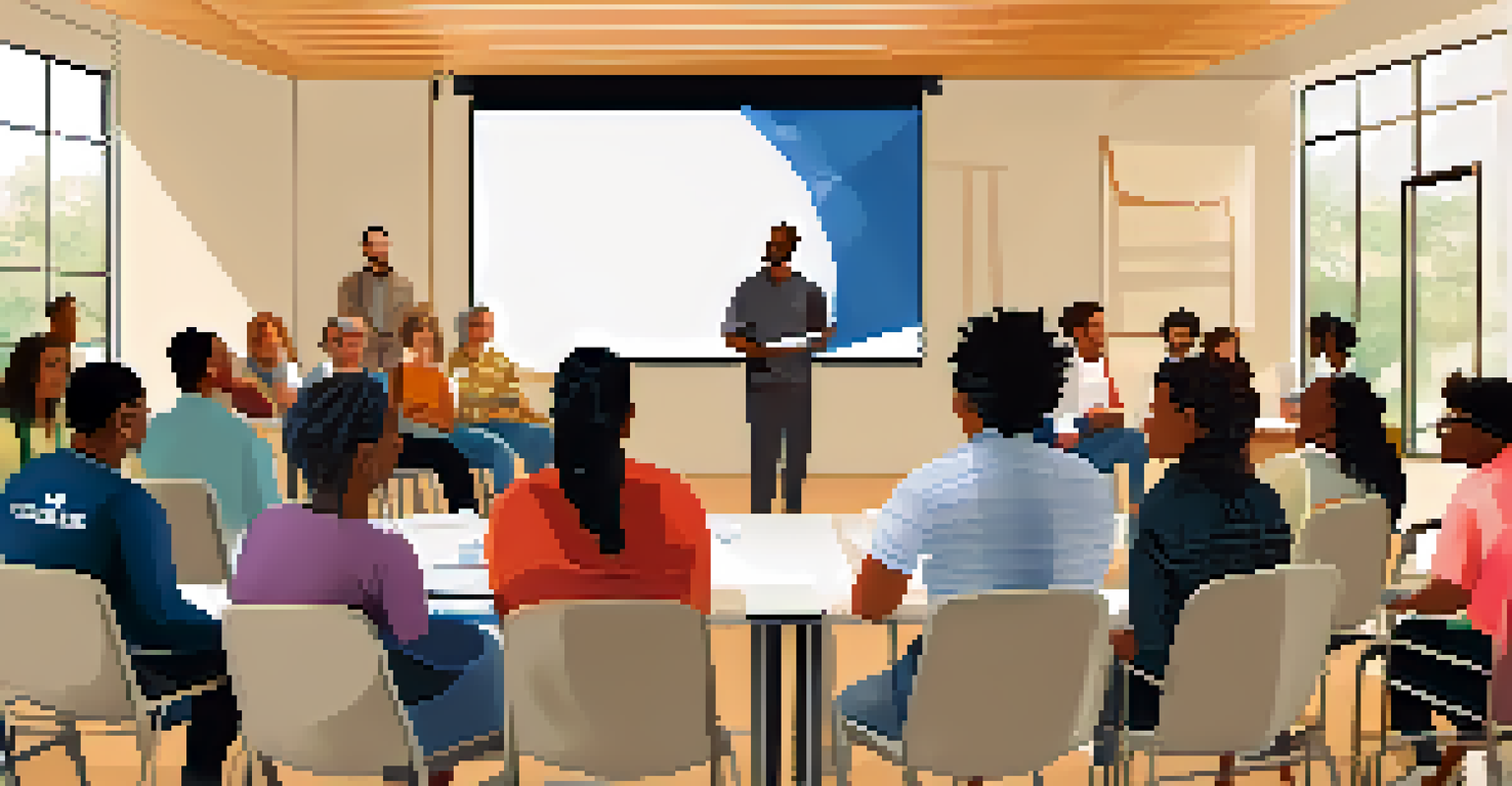 A community forum discussing accessibility. Attendees of various backgrounds engage in conversation, with a speaker presenting guidelines on a projector. The room is bright and decorated with inclusivity banners.