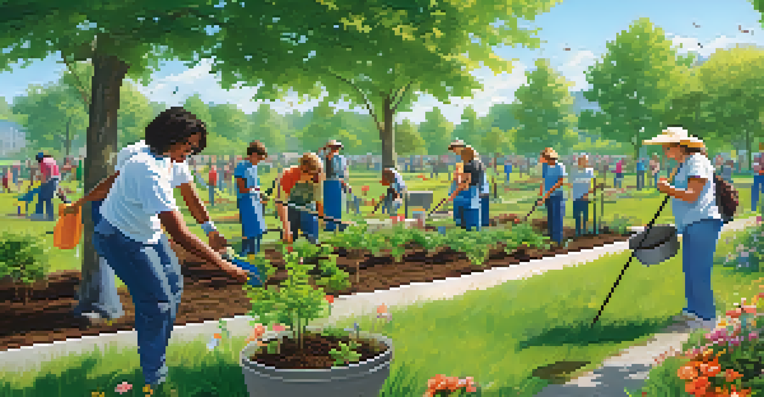 Volunteers of various ages planting trees in a park, surrounded by greenery and colorful flowers, under a sunny sky.