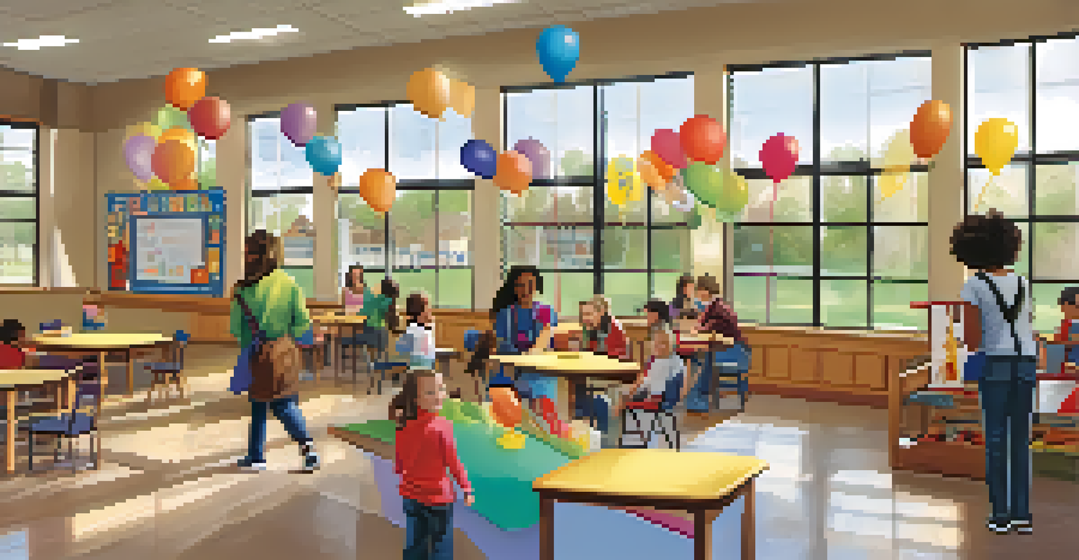 A welcoming school open house with parents and children interacting with educators amidst colorful student artwork and balloons.