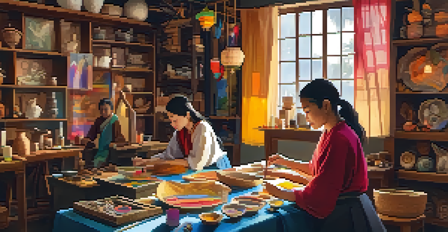 Participants engaged in a craft-making workshop, surrounded by colorful materials and decorations.