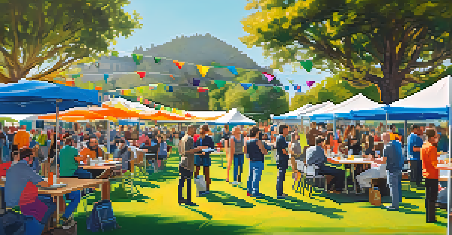 An outdoor networking event in Cupertino with tech entrepreneurs mingling under colorful tents, discussing ideas, and food trucks in the background.