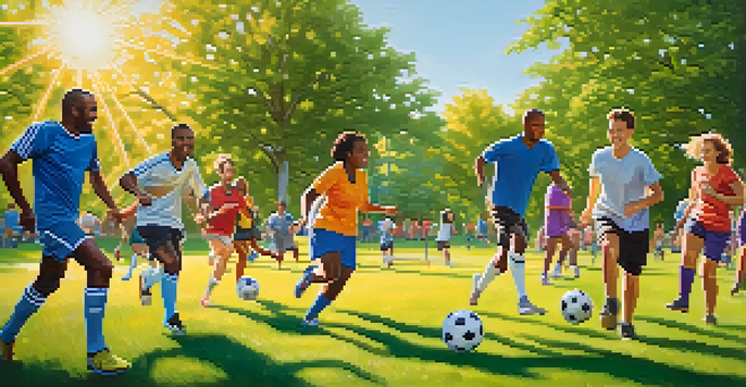 A diverse group of adults playing soccer in a sunny park, surrounded by trees and flowers, showing teamwork and enjoyment.