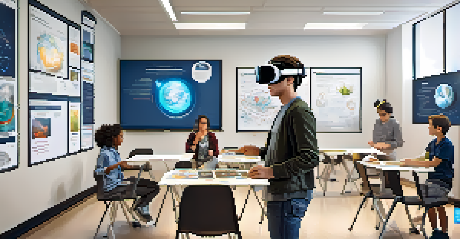 A student wearing a virtual reality headset, engaged in a science simulation, while classmates watch and discuss the experience in a colorful classroom.