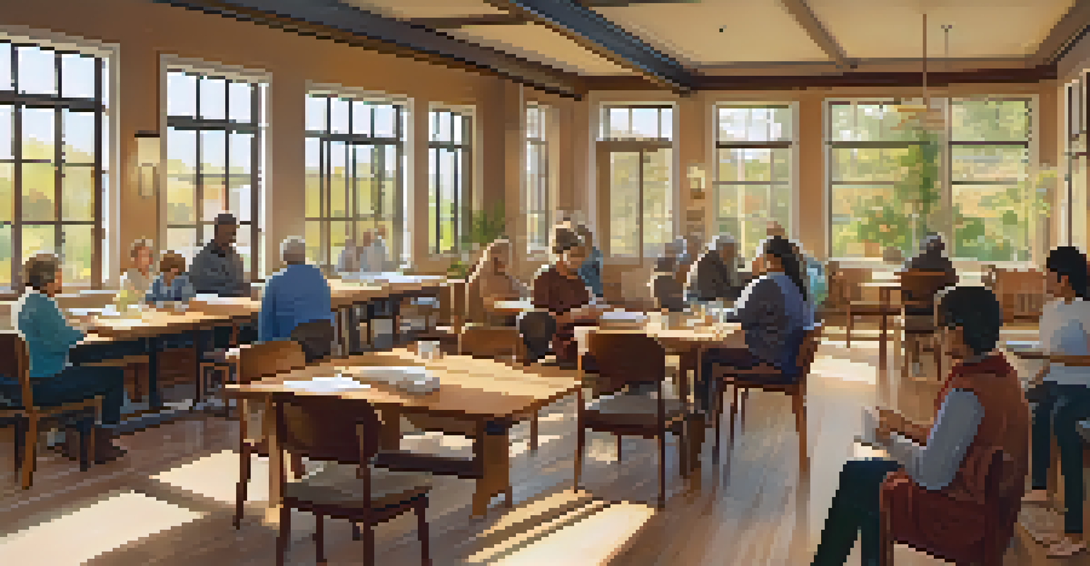 The interior of a community center during a mindfulness workshop, with residents practicing meditation and writing in journals.