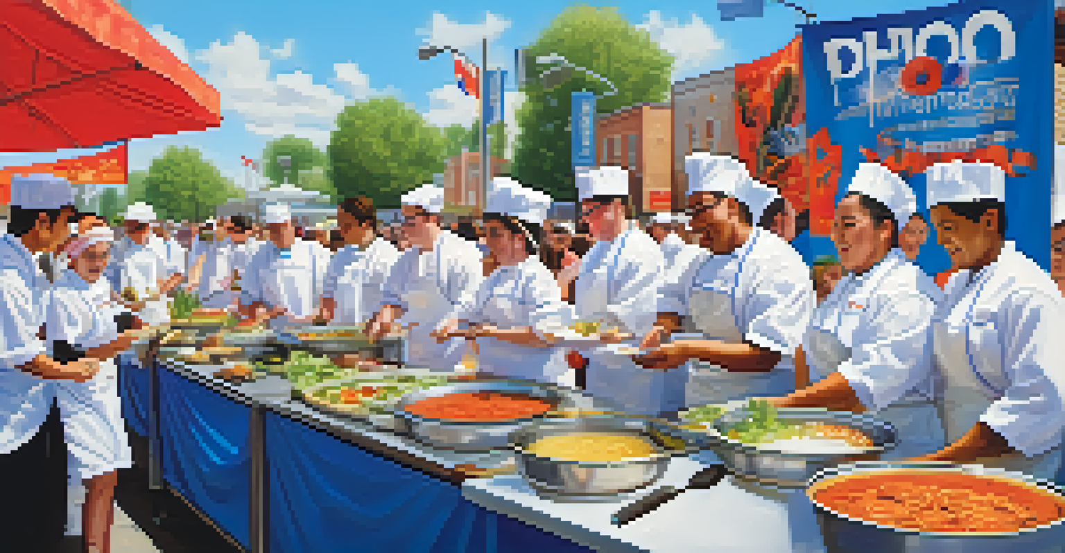 Culinary students competing in a cooking competition at an urban food festival, with judges and spectators in the background.