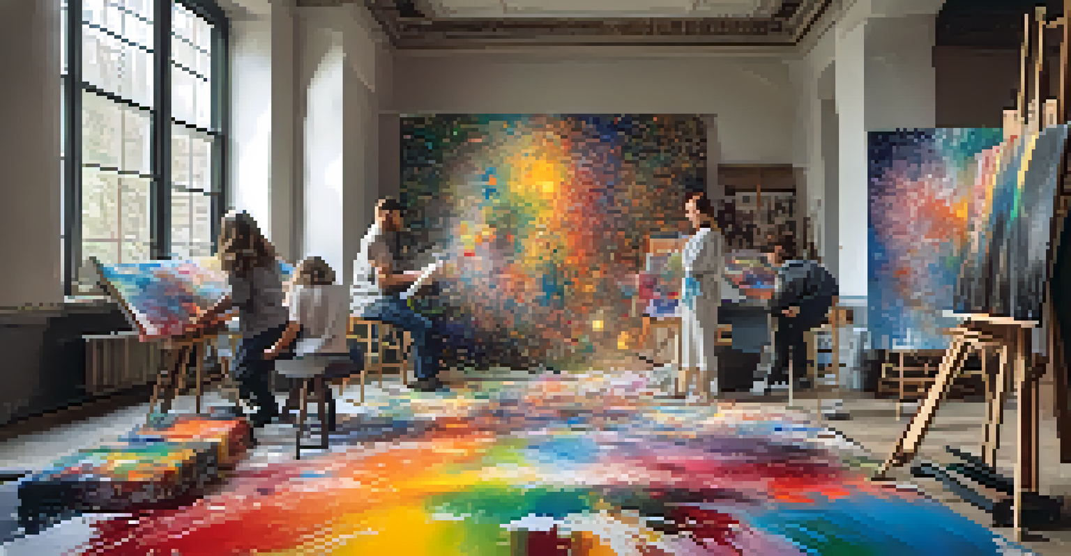 Artists from diverse backgrounds collaborating on a large canvas, surrounded by paint and brushes in a well-lit space.