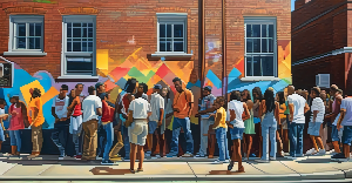 A colorful mural showing a diverse group of people engaging in conversation in an urban setting, with bright street art on brick walls.