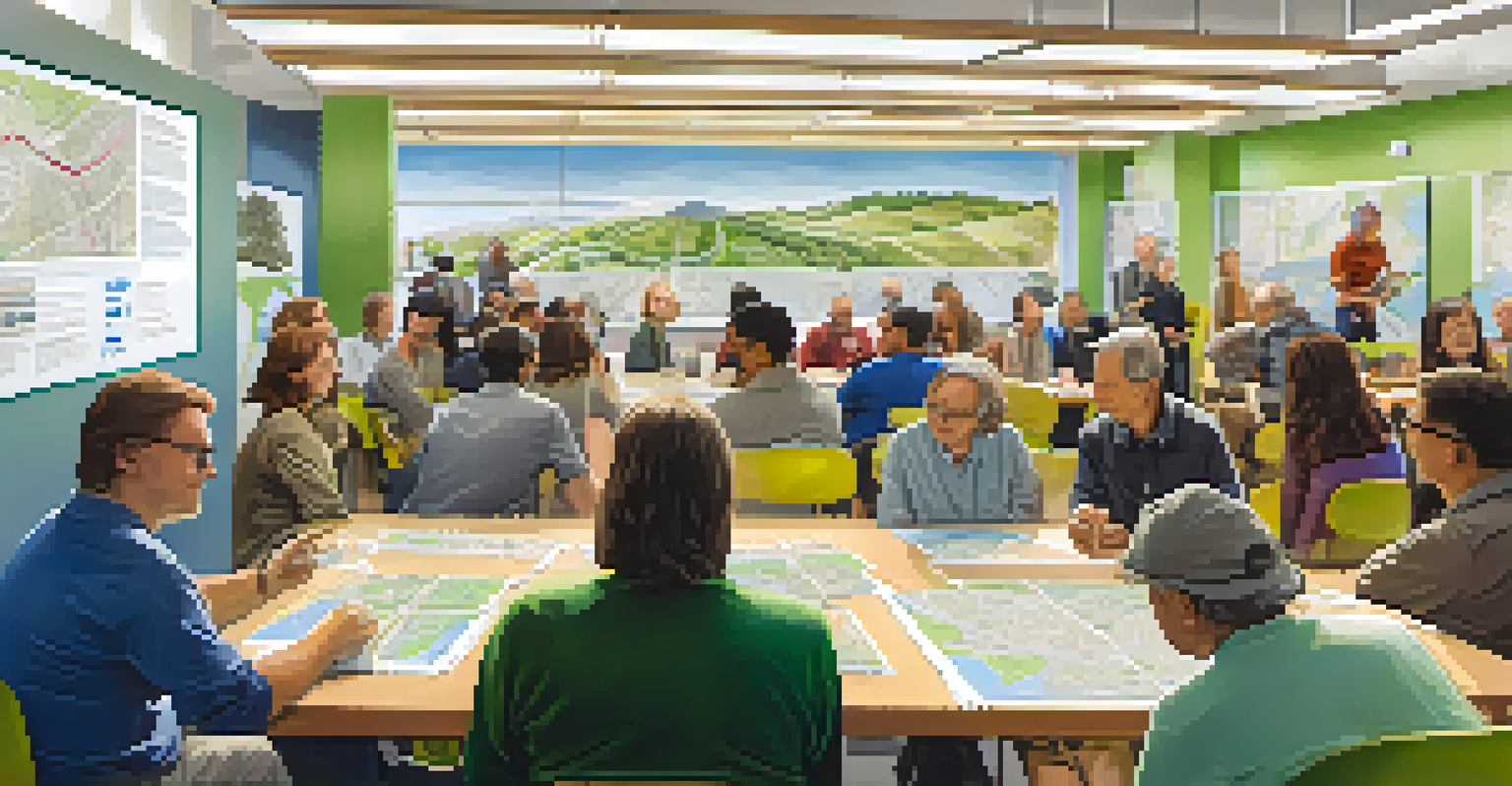 A community meeting in Cupertino with residents discussing sustainable public transport initiatives, maps on the table, and eco-friendly transport posters on the walls.