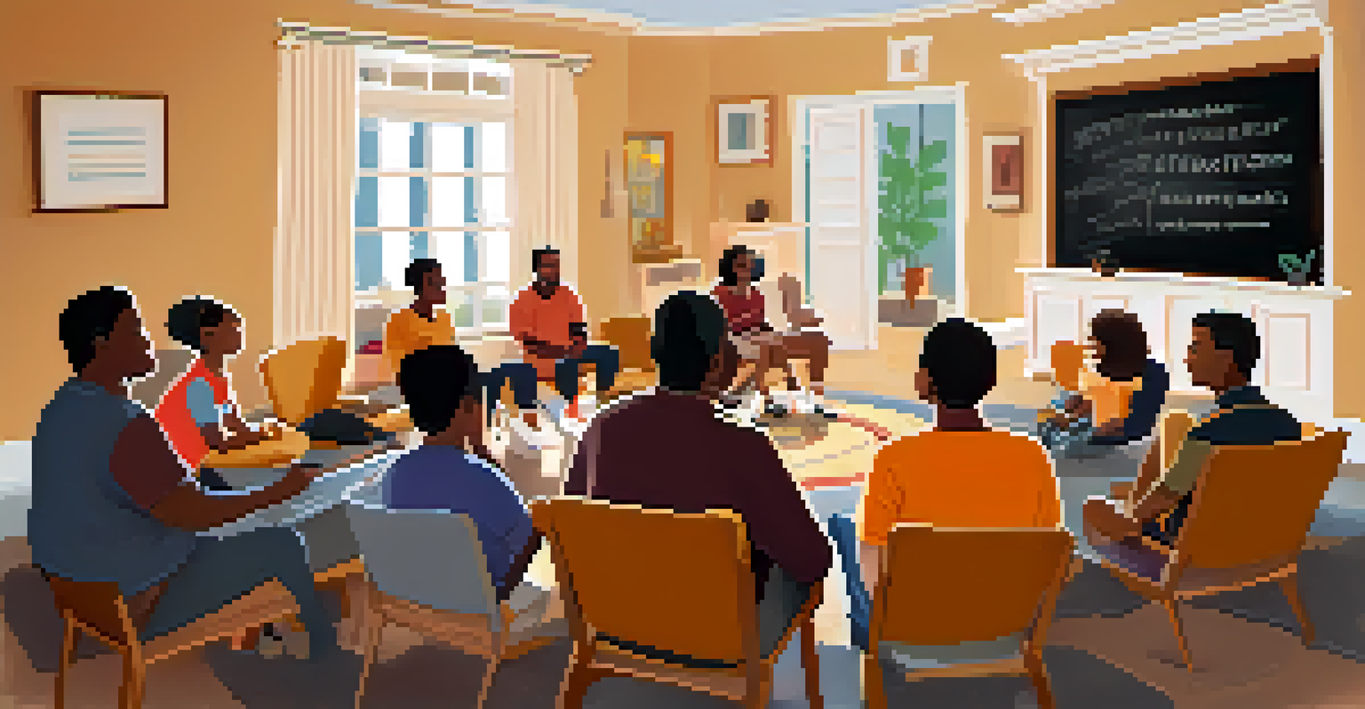 Residents in a cozy living room participating in a community safety meeting, discussing crime prevention.