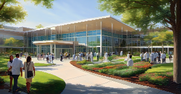 A modern hospital in Cupertino surrounded by greenery with people entering and exiting.