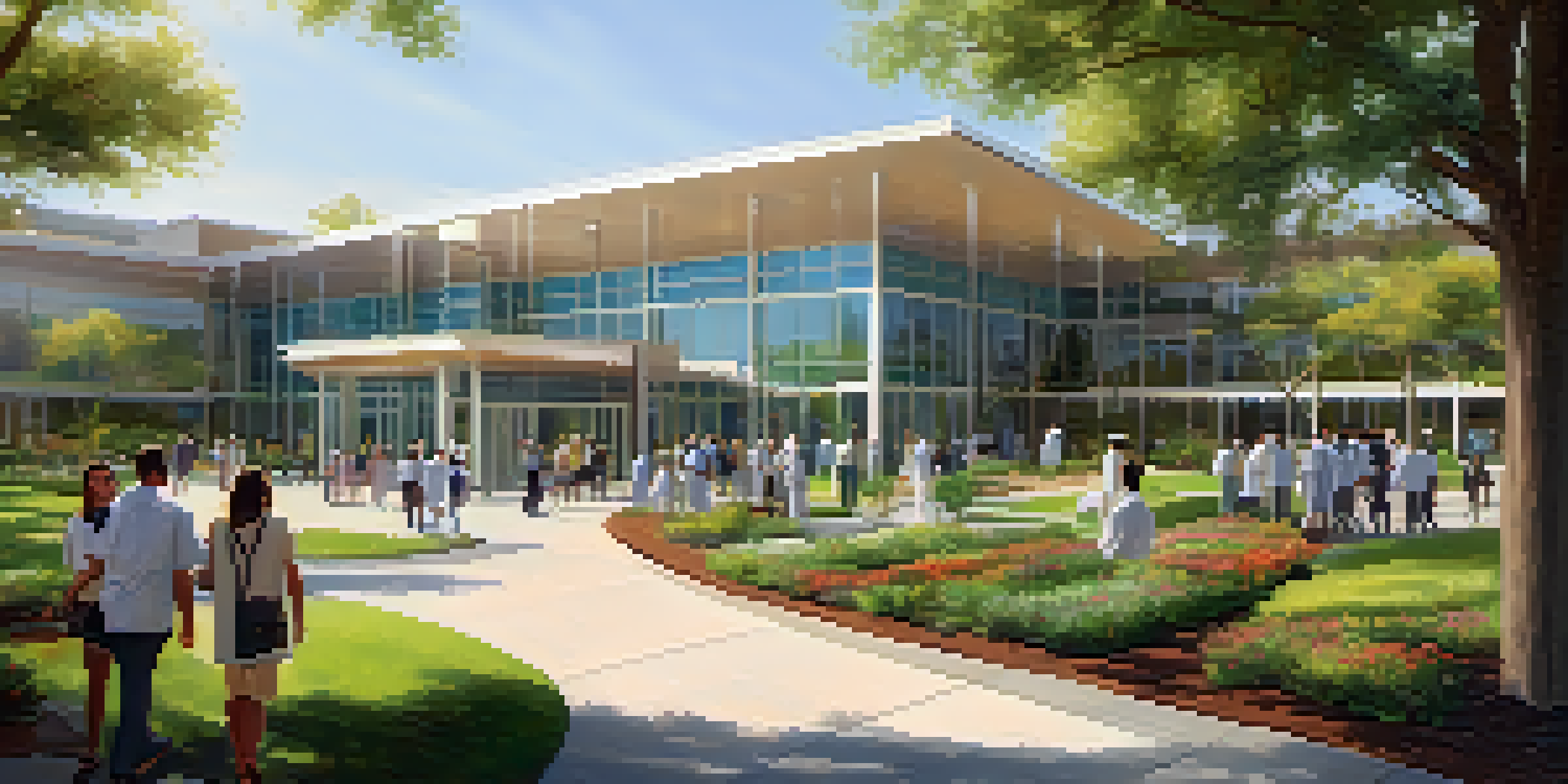 A modern hospital in Cupertino surrounded by greenery with people entering and exiting.