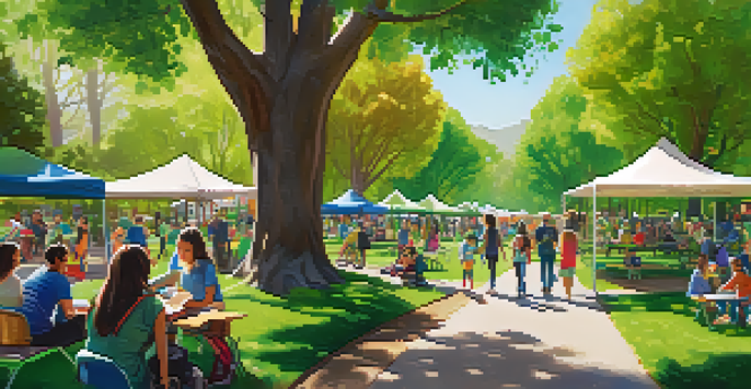 A community park bustling with families and individuals engaged in an Earth Day clean-up, surrounded by green trees and colorful sustainability banners.
