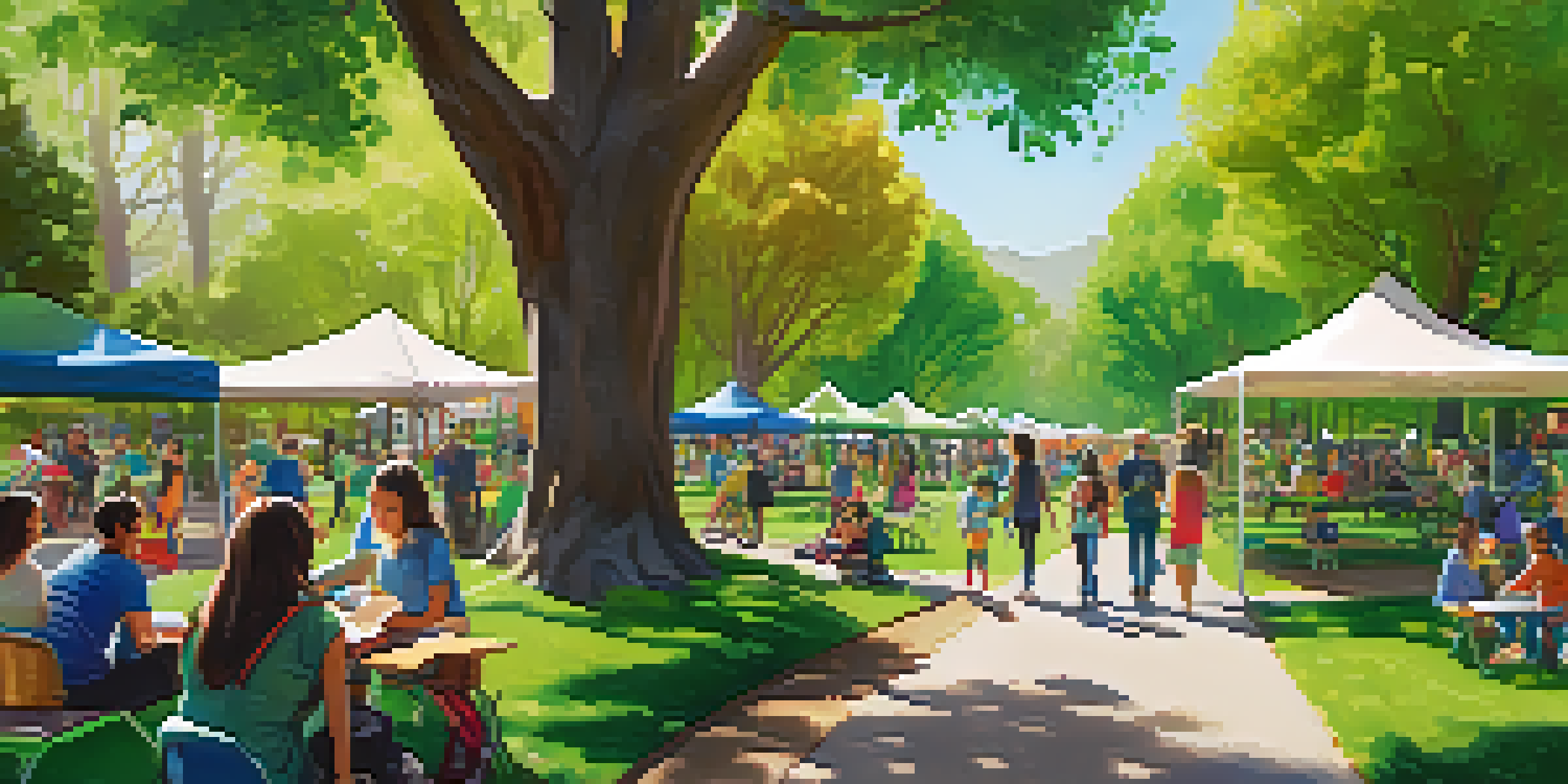 A community park bustling with families and individuals engaged in an Earth Day clean-up, surrounded by green trees and colorful sustainability banners.