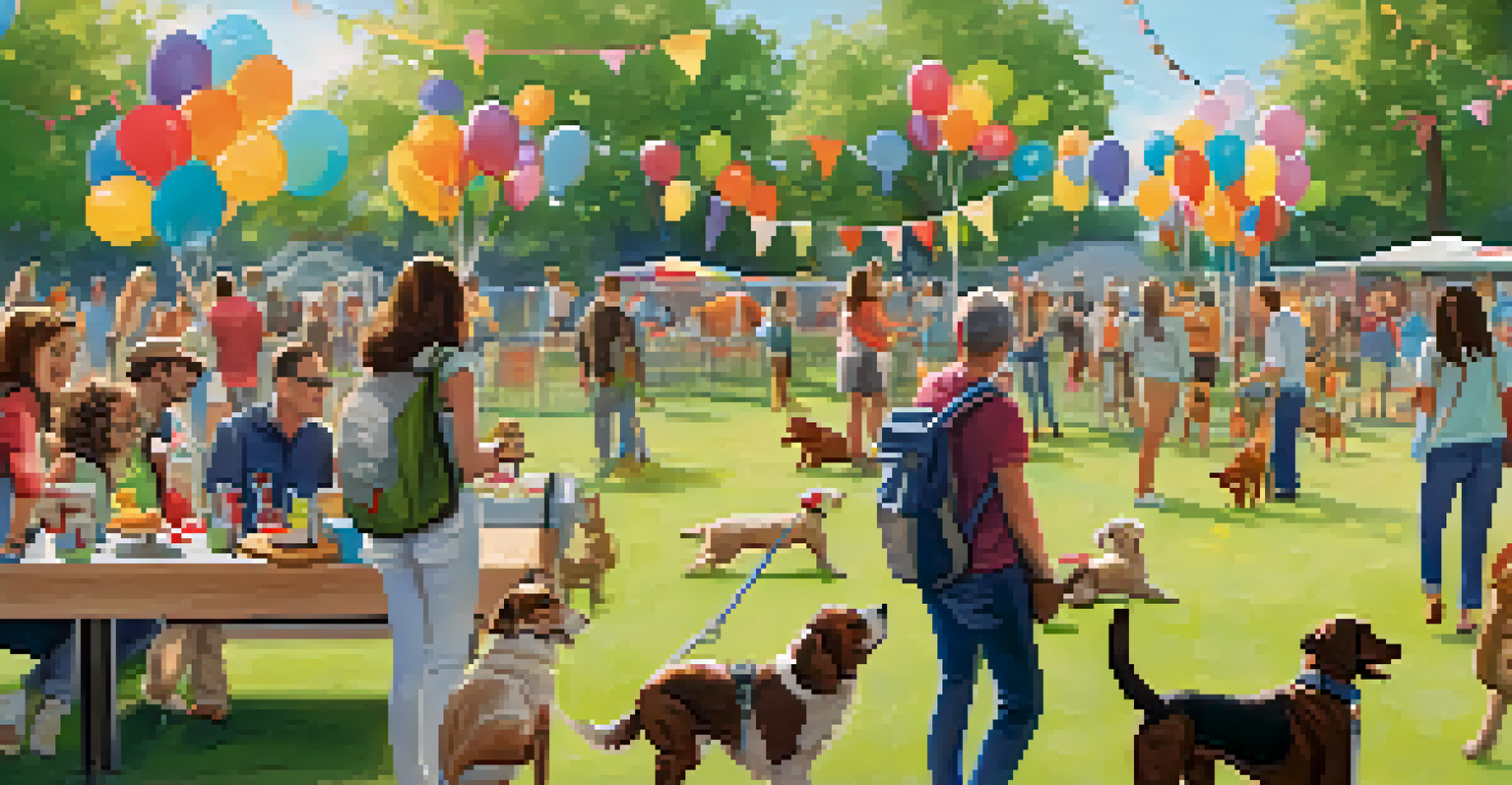 A community dog park event with pet owners and their dogs enjoying activities, colorful decorations, and a friendly atmosphere.