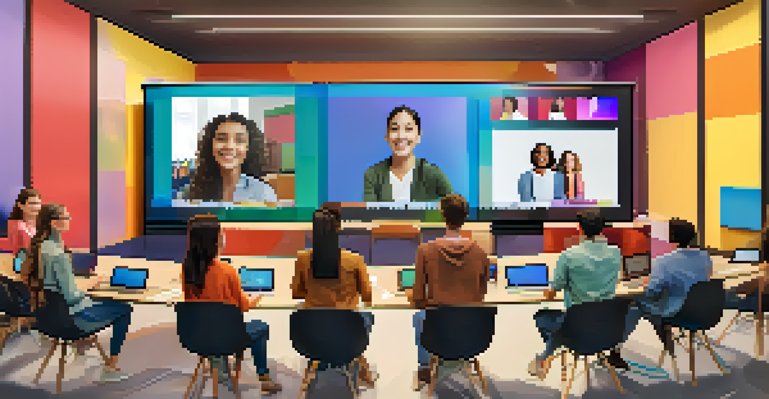 A virtual classroom with students collaborating on a project, showcasing a shared screen and smiling faces in video boxes, set in a colorful background.