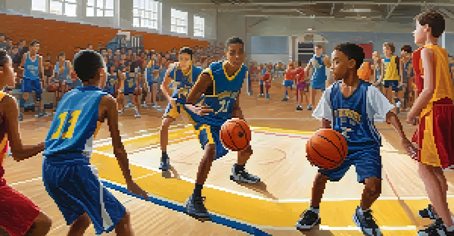 A young basketball player making a pass during a game, with teammates and supportive spectators in the background.