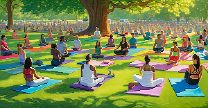 A community wellness event with people doing yoga in a sunny park.
