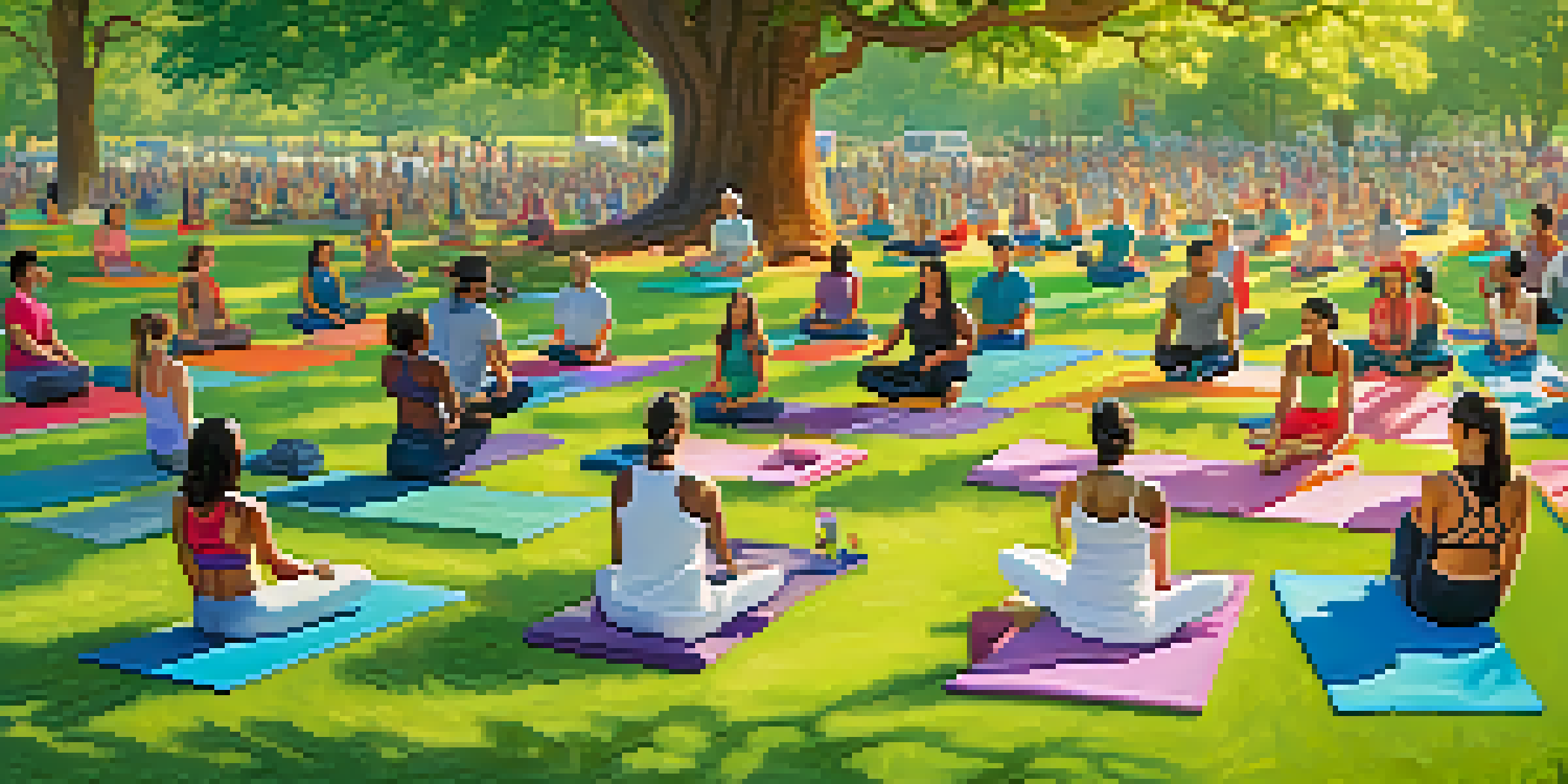 A community wellness event with people doing yoga in a sunny park.