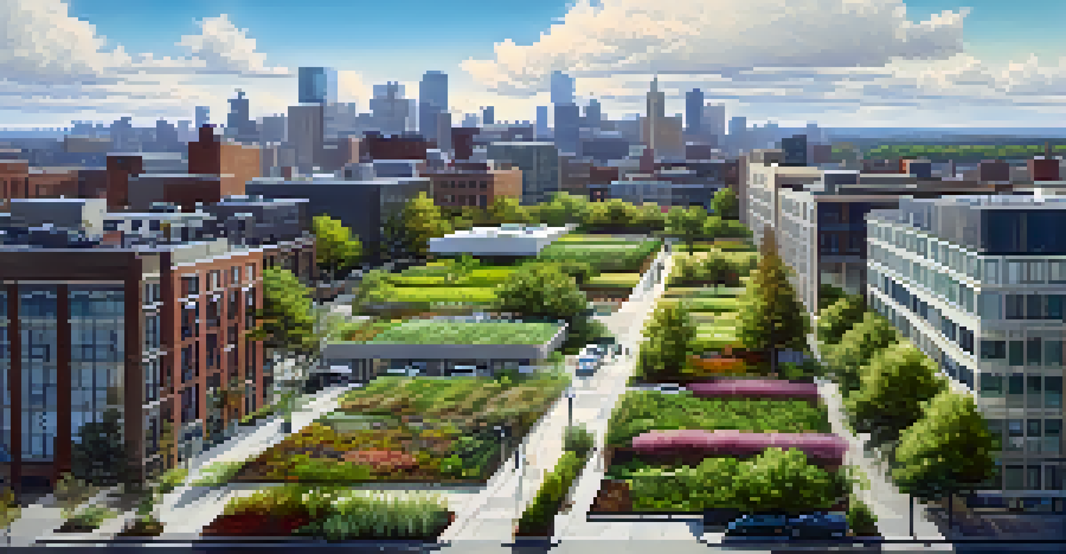 Aerial view of a contemporary city with green roofs, permeable pavements, and bioswales, highlighting sustainable urban design.