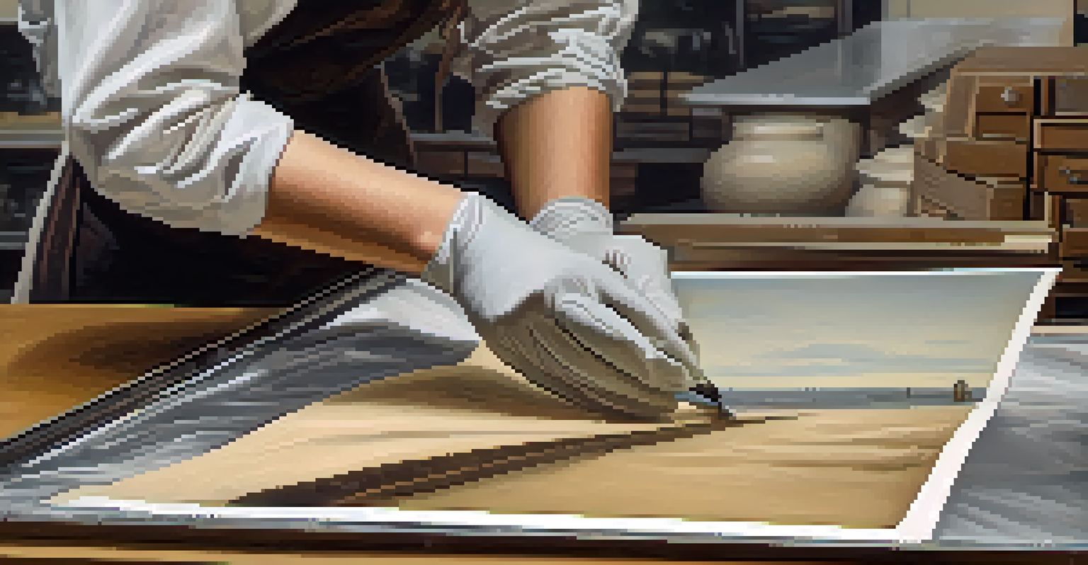 An archivist in white gloves carefully handling a faded photograph, with artifacts in protective cases in the background.