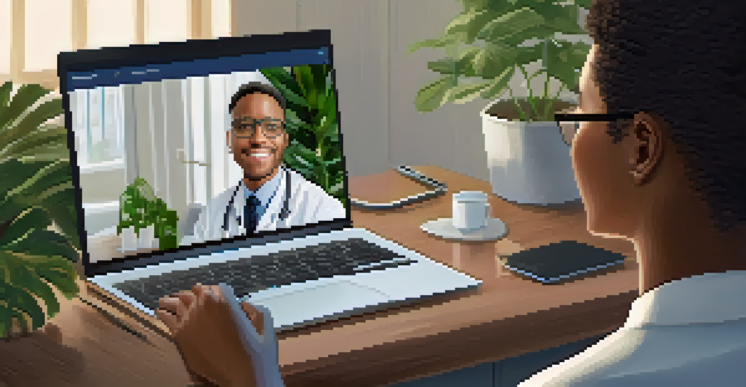 A healthcare provider consulting a patient through a laptop in a cozy home office environment.