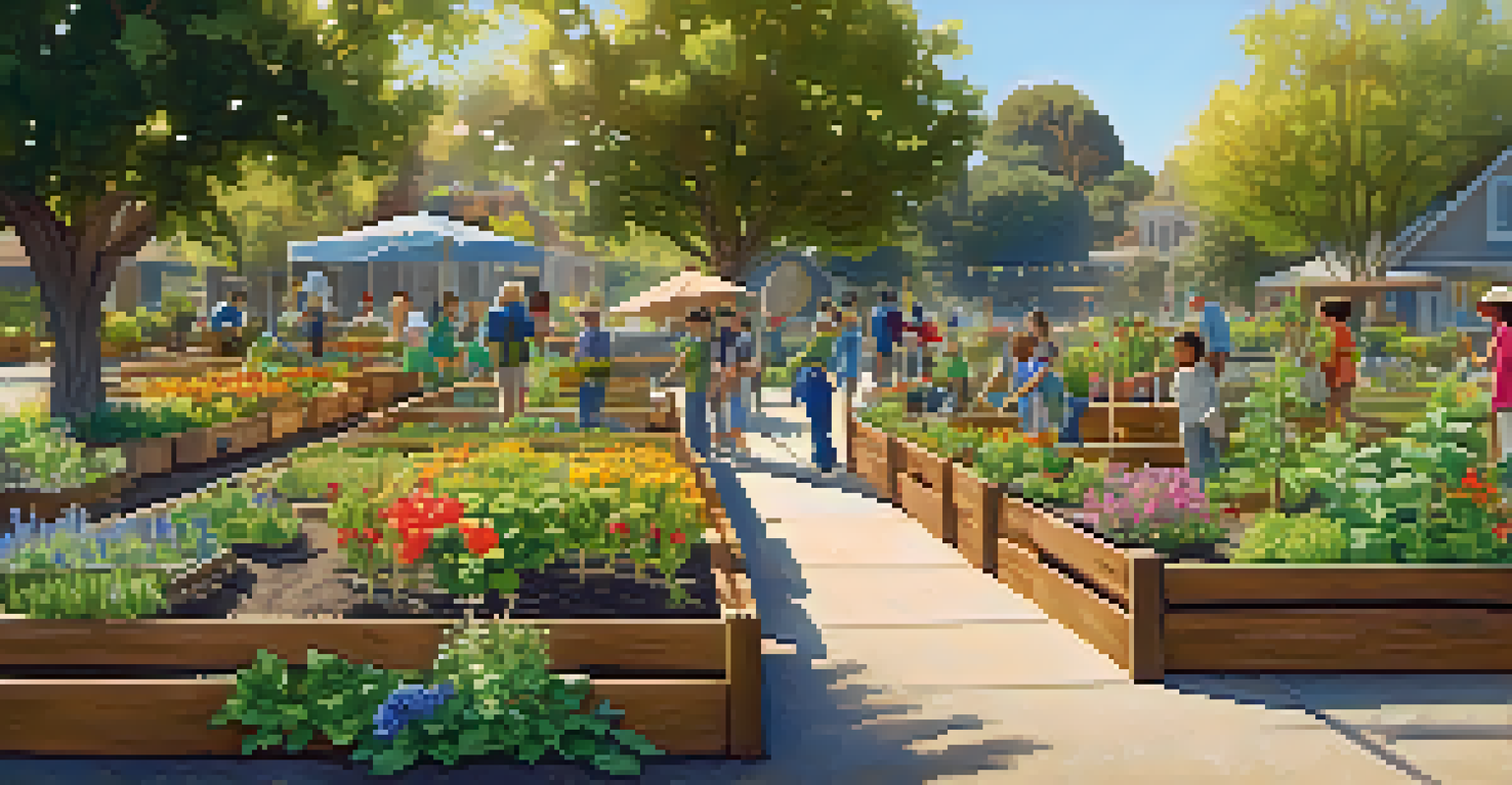 A community garden in Cupertino with residents planting vegetables and flowers, under warm afternoon light.