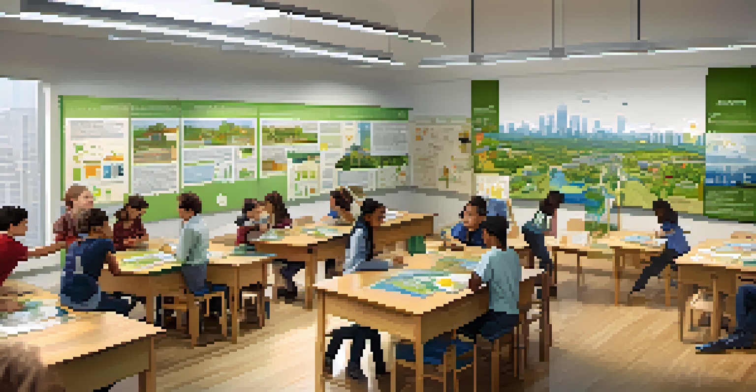 Students in a classroom working on an eco-friendly city project, surrounded by educational posters on sustainability.