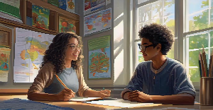 A mentor and a young student having a discussion in a bright classroom filled with educational materials.