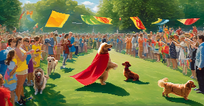 A vibrant pet parade in a park with pets in costumes and happy spectators.