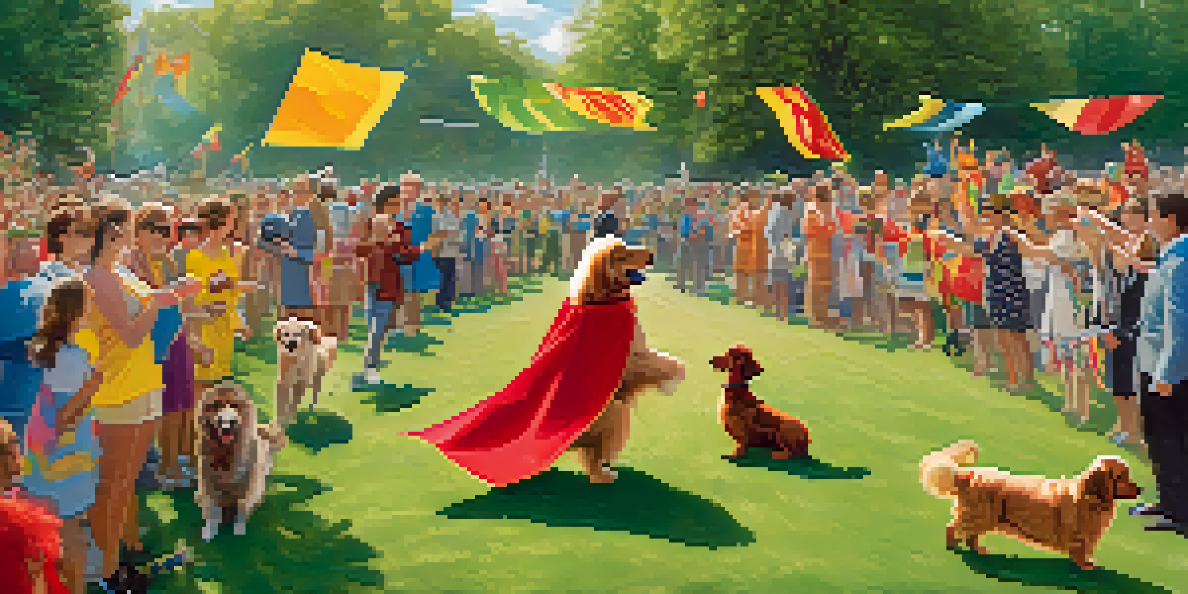 A vibrant pet parade in a park with pets in costumes and happy spectators.