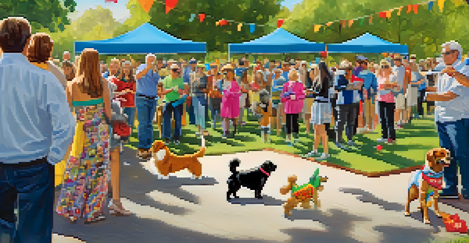 A lively scene at a pet costume contest in Cupertino, with dogs in costumes and owners cheering.