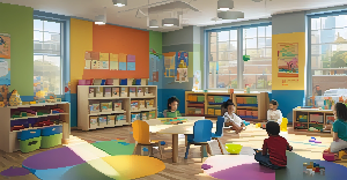 A colorful classroom scene with diverse children participating in activities, emphasizing collaboration and inclusivity.