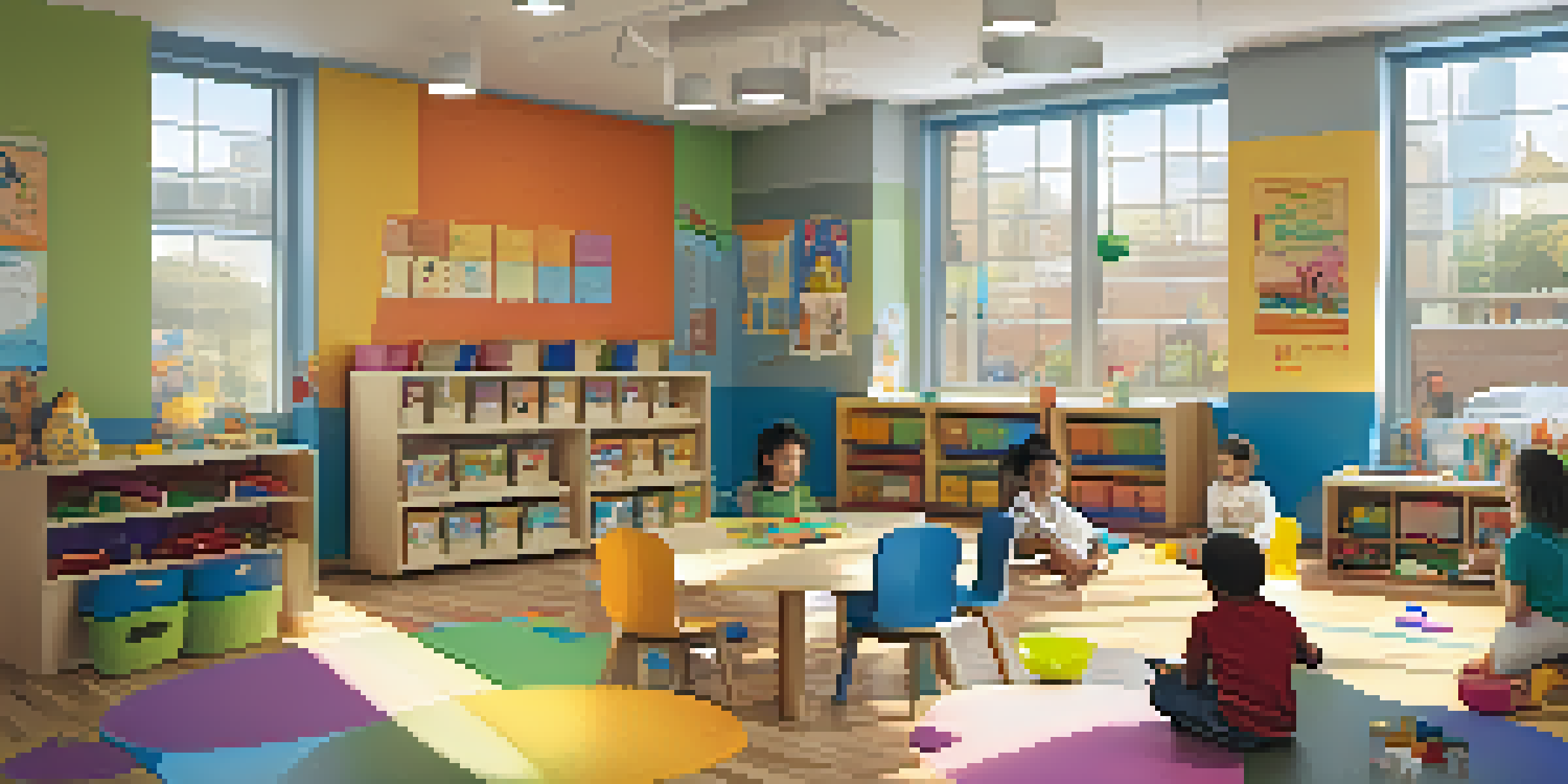 A colorful classroom scene with diverse children participating in activities, emphasizing collaboration and inclusivity.