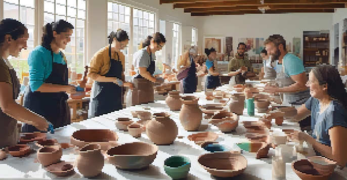 A diverse group of people participating in a pottery class, smiling and engaging with each other while working with clay in a brightly lit room.