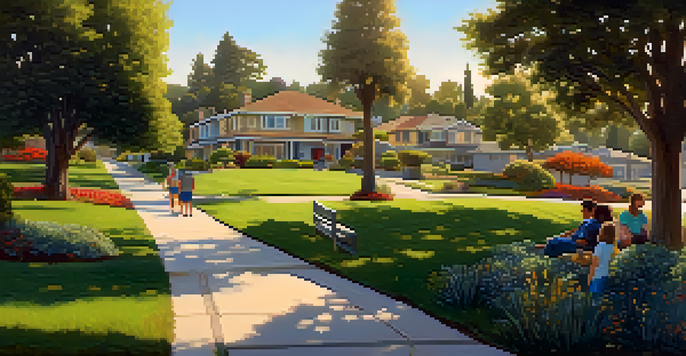 A scenic neighborhood in Cupertino with modern homes, green parks, and children playing under warm sunlight.