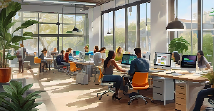 A lively co-working space in Cupertino with diverse entrepreneurs working together, bright natural light filtering through large windows, and vibrant decor.