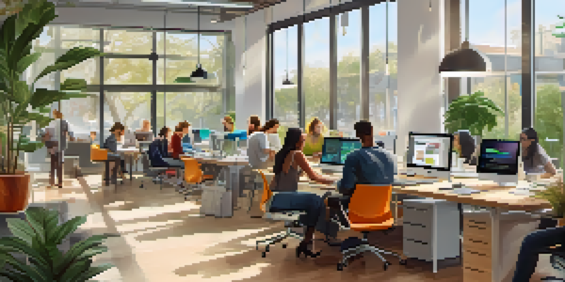 A lively co-working space in Cupertino with diverse entrepreneurs working together, bright natural light filtering through large windows, and vibrant decor.