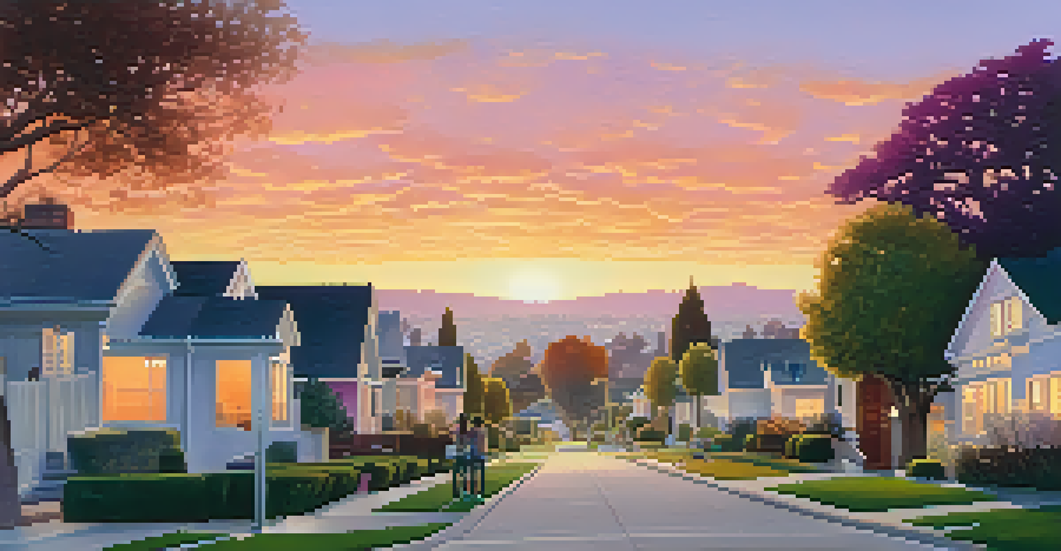 A sunset over a Cupertino neighborhood with homes and a family walking a dog on a tree-lined street.