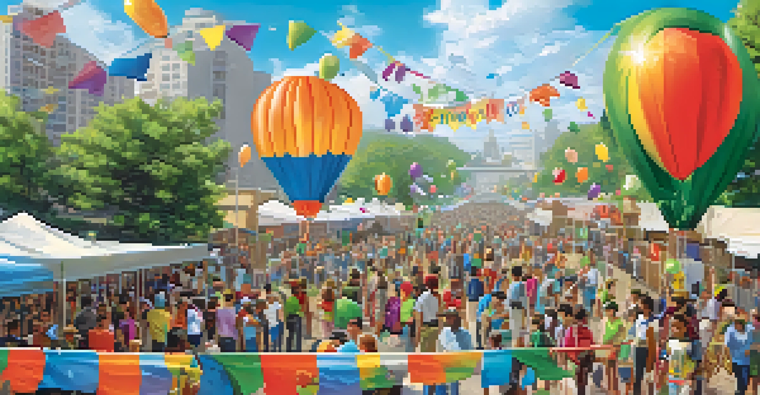 A community festival celebrating wildlife conservation, with educational booths, nature walks, and people enjoying the event under a sunny sky.