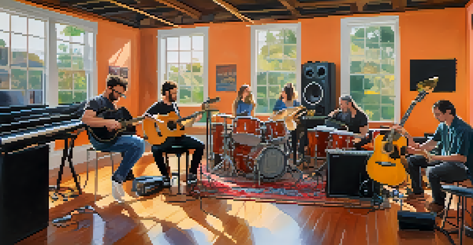 A group of musicians rehearsing together in a bright space, surrounded by various musical instruments, showcasing collaboration.