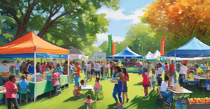 A lively community health fair in a sunny park, with colorful booths and families engaging in wellness activities.