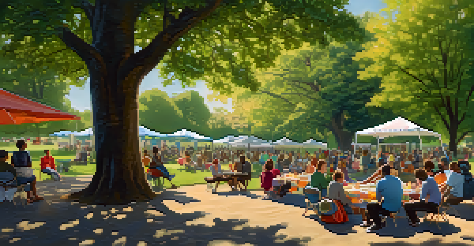 A mental health awareness event in a park with people engaging in conversations and information booths.