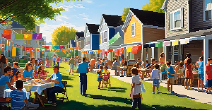 A lively block party with families and children, colorful decorations, and tables filled with food under bright sunshine.