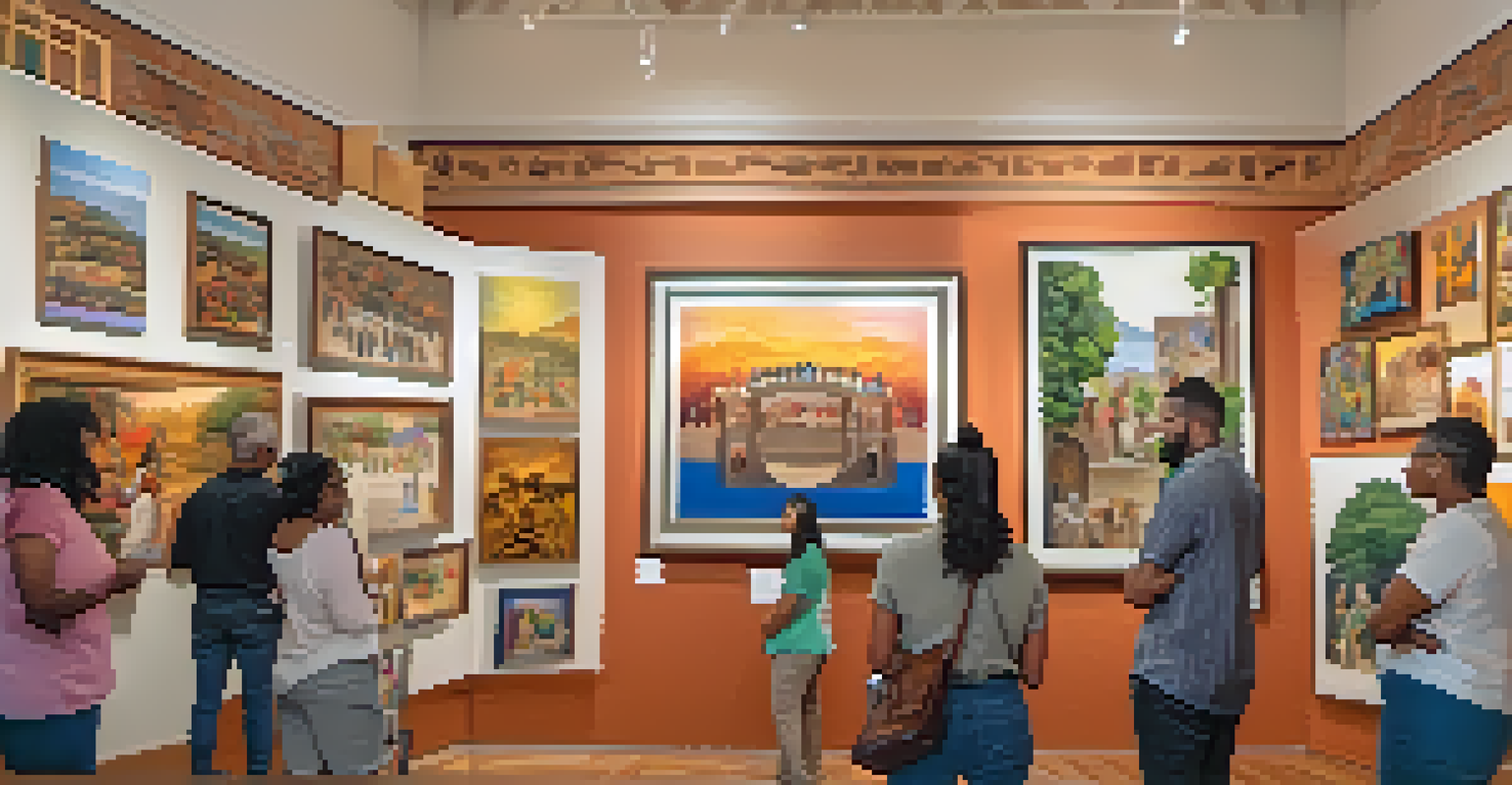 An art exhibition showcasing diverse artworks with attendees discussing and participating in a workshop.