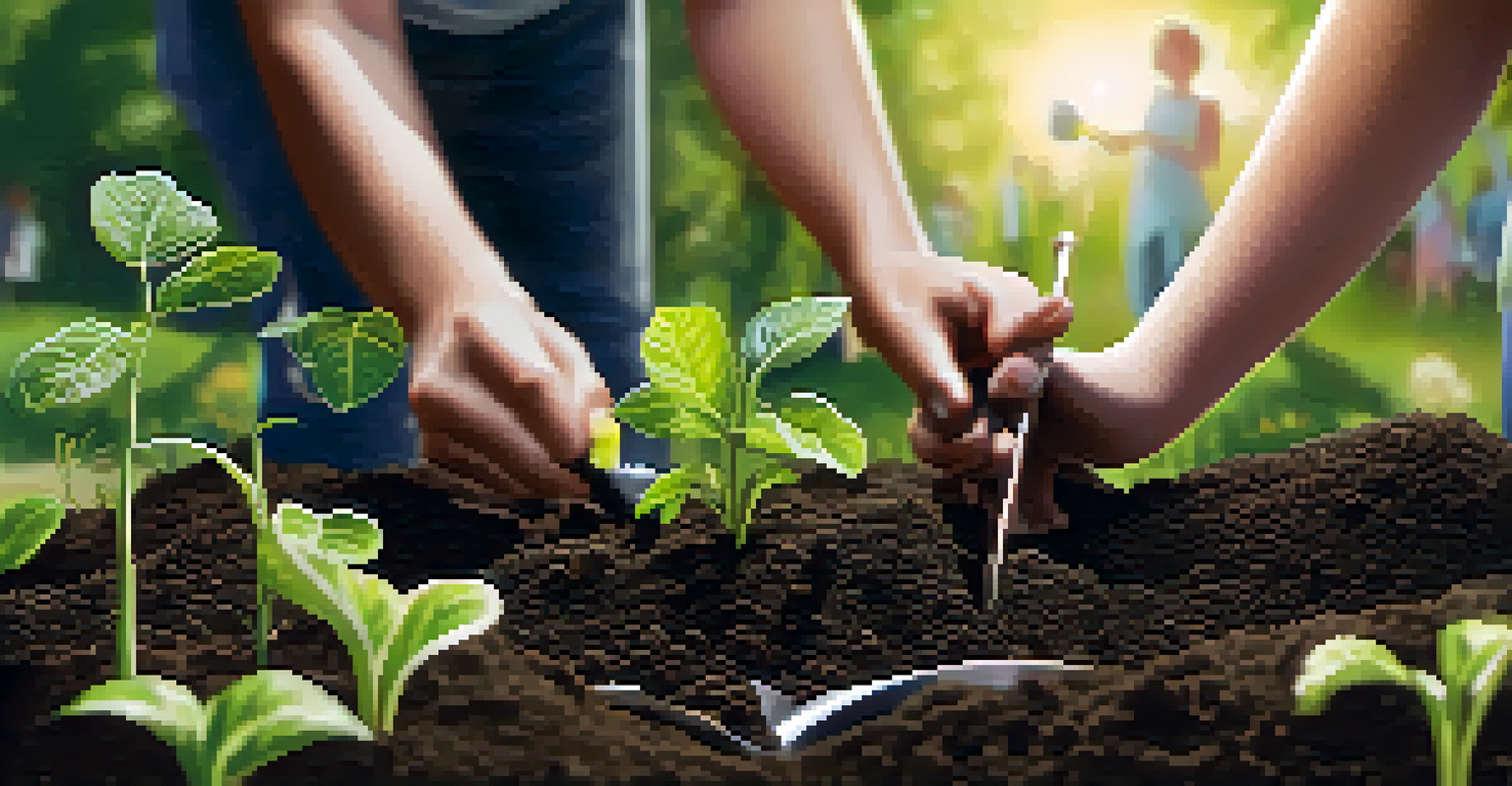 Close-up of hands planting a seedling in soil, with a green park in the background, symbolizing community engagement and growth.