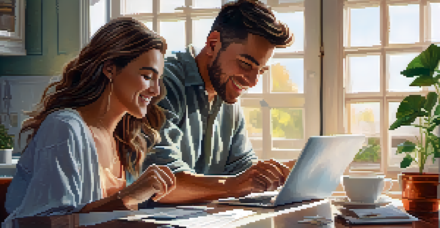 A young couple reviewing their budget on a laptop at their kitchen table, surrounded by plants and coffee, in warm morning light.