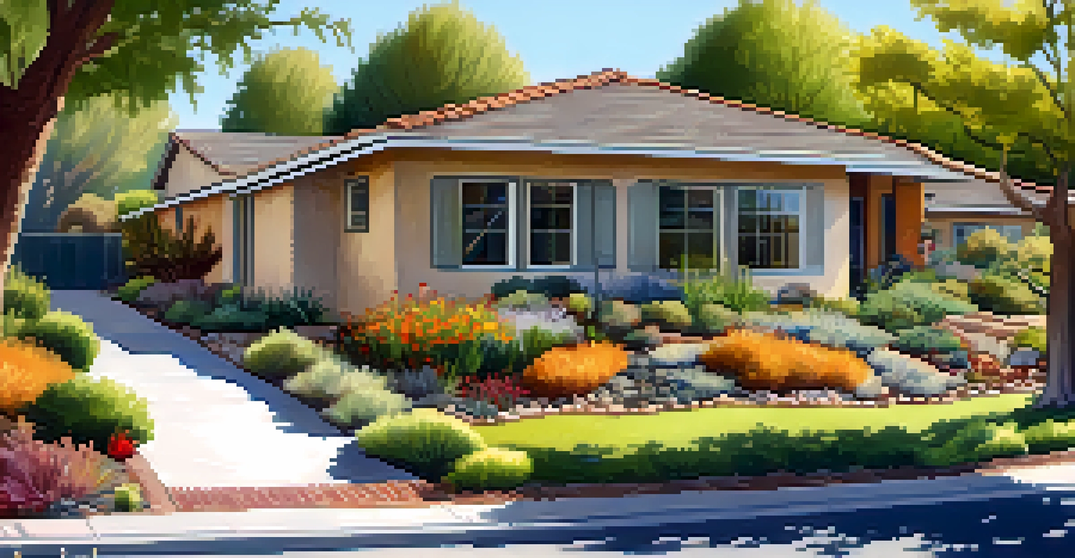 A peaceful neighborhood with colorful xeriscaped gardens full of drought-resistant plants, illuminated by warm sunlight.