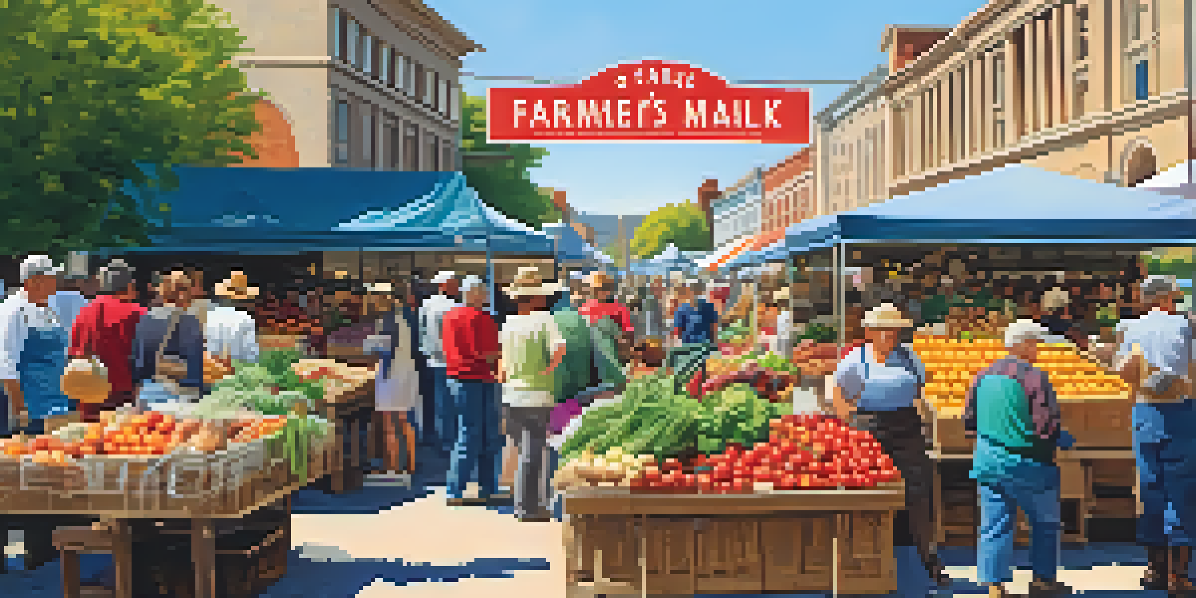 A lively farmers' market filled with fresh produce, shoppers interacting with farmers under a sunny sky.
