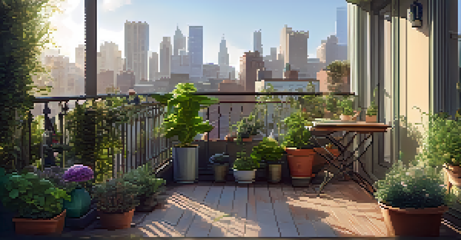 A charming balcony garden with vertical planters and a small table, set against an urban skyline.