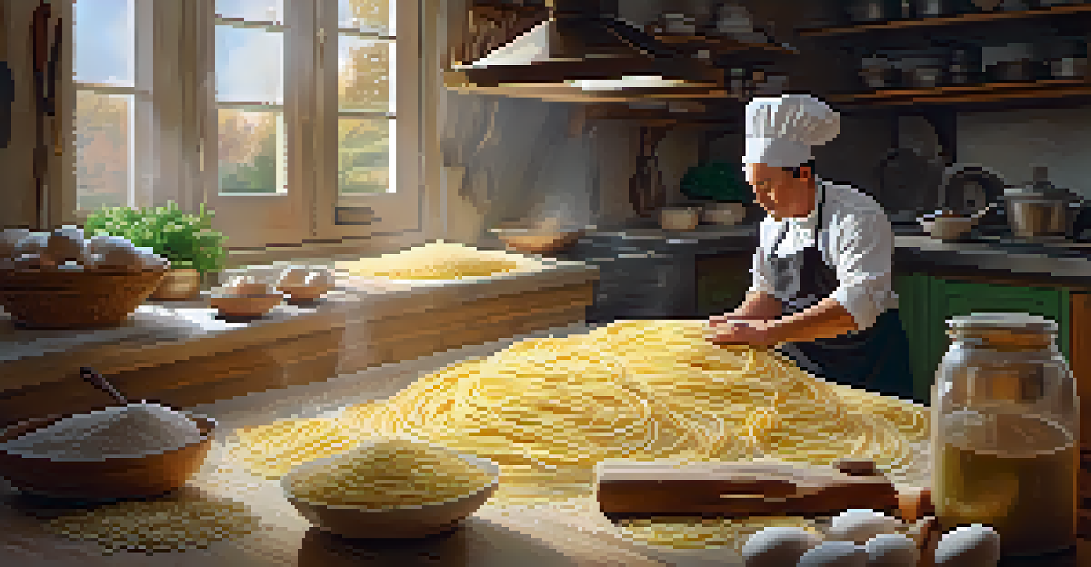 A chef making fresh pasta in a cozy kitchen, with flour and eggs scattered on the countertop and sunlight illuminating the scene.